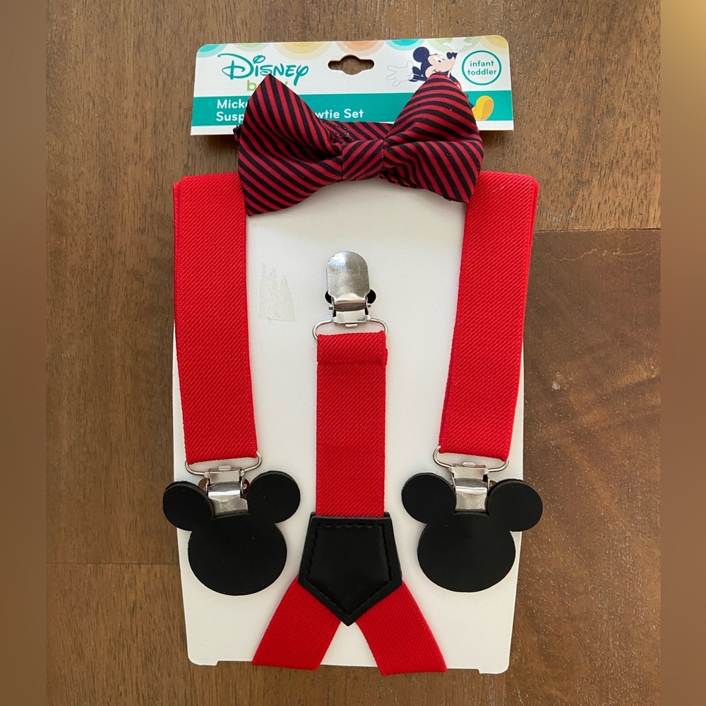 NWT Disney Baby Mickey Mouse Suspenders and Bow Tie Set Toddler Red Black